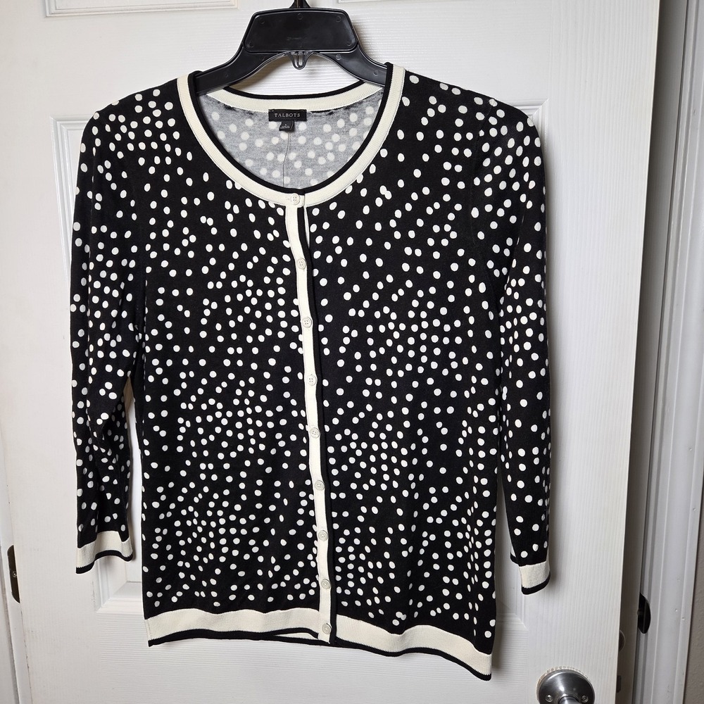 Talbots sz L black polka dot button up cardigan sweater NWT‎ cotton/rayon casual